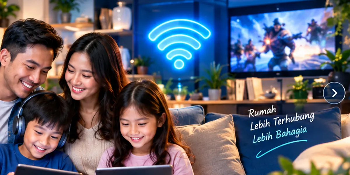 Keluarga menikmati hiburan dan internet di ruang keluarga.
